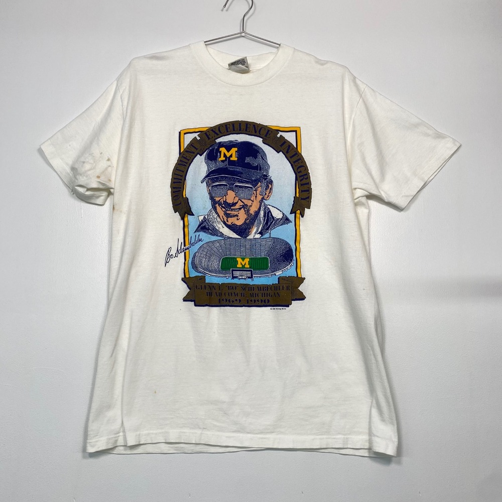 Nutmeg Mills Mens T-Shirt XL White Vintage 1989 Michigan Bo Schembechler USA